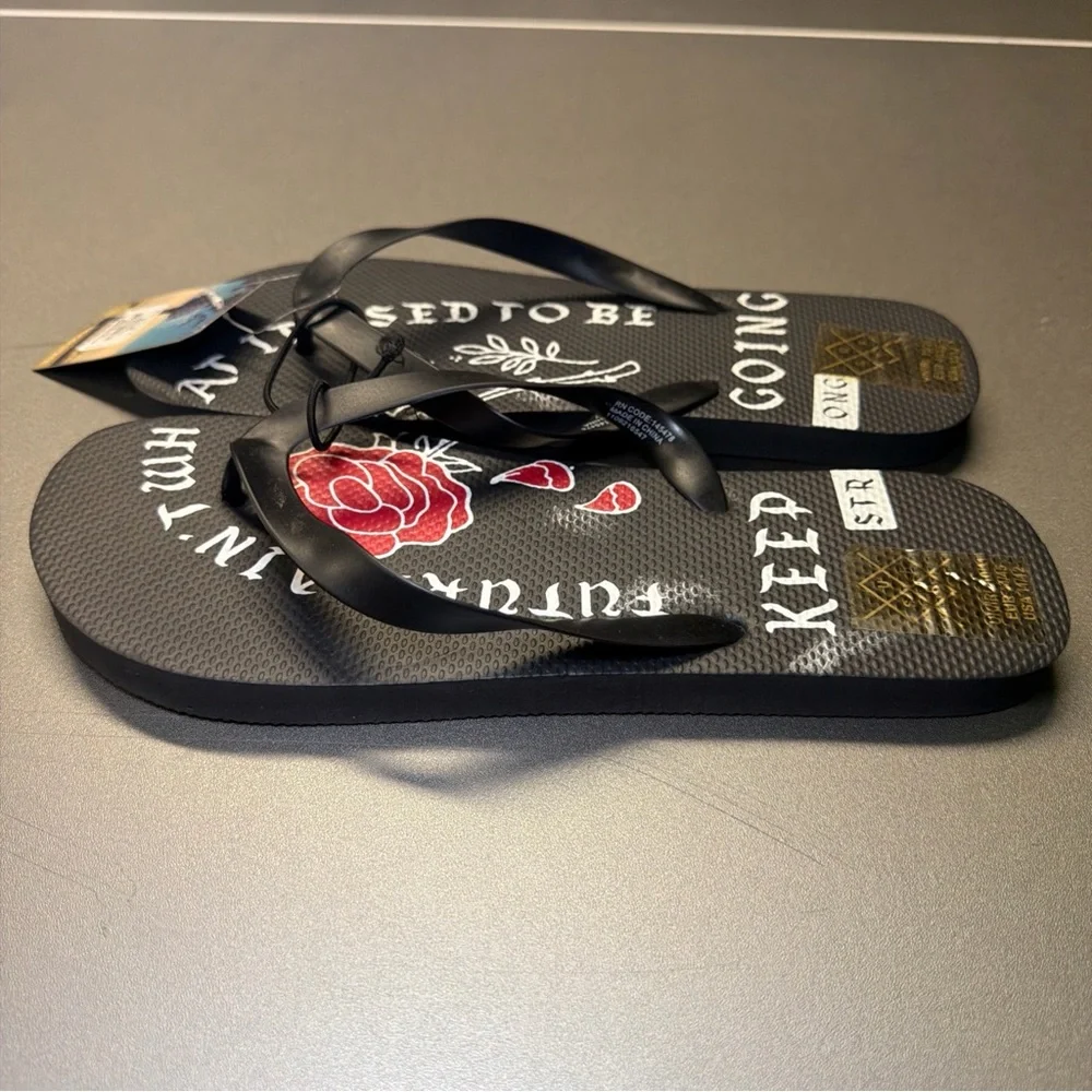 Primark Men’s Sandals Flip Flops Rose Design Black/ Red Soft Size‎ 11/12 NWT